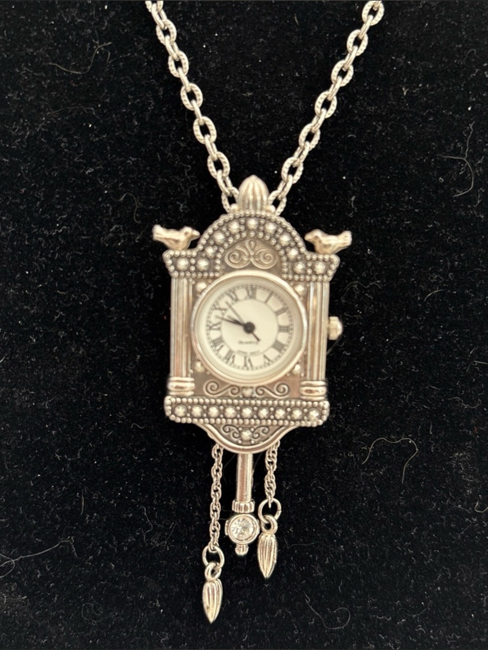 Vintage-Inspired Silver Cuckoo Clock Pendant Necklace - Silver